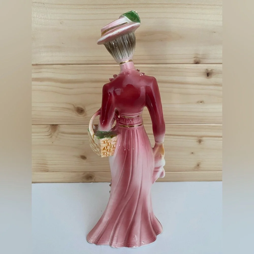 VINTAGE 10” Tall Victorian Lady Figurine Ruffled Accent Pink Dress Flower Basket